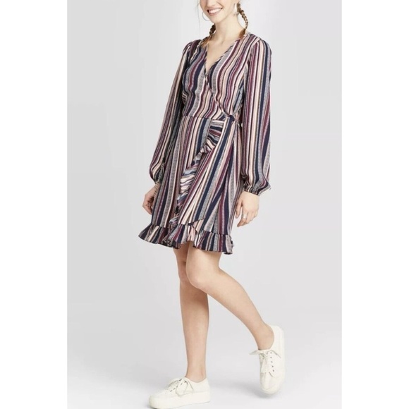 Xhilaration Women's Purple Striped Long Sleeve V-Neck Wrap Dress - Picture 1 of 10